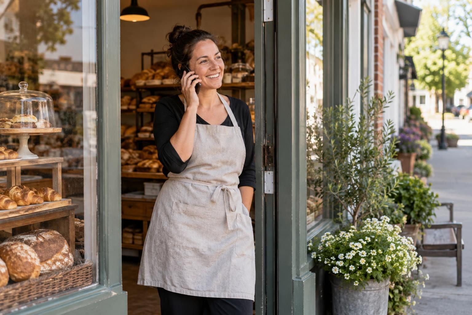 A bakery owner in an apron stands in the doorway of her neighborhood shop, talking on a smartphone