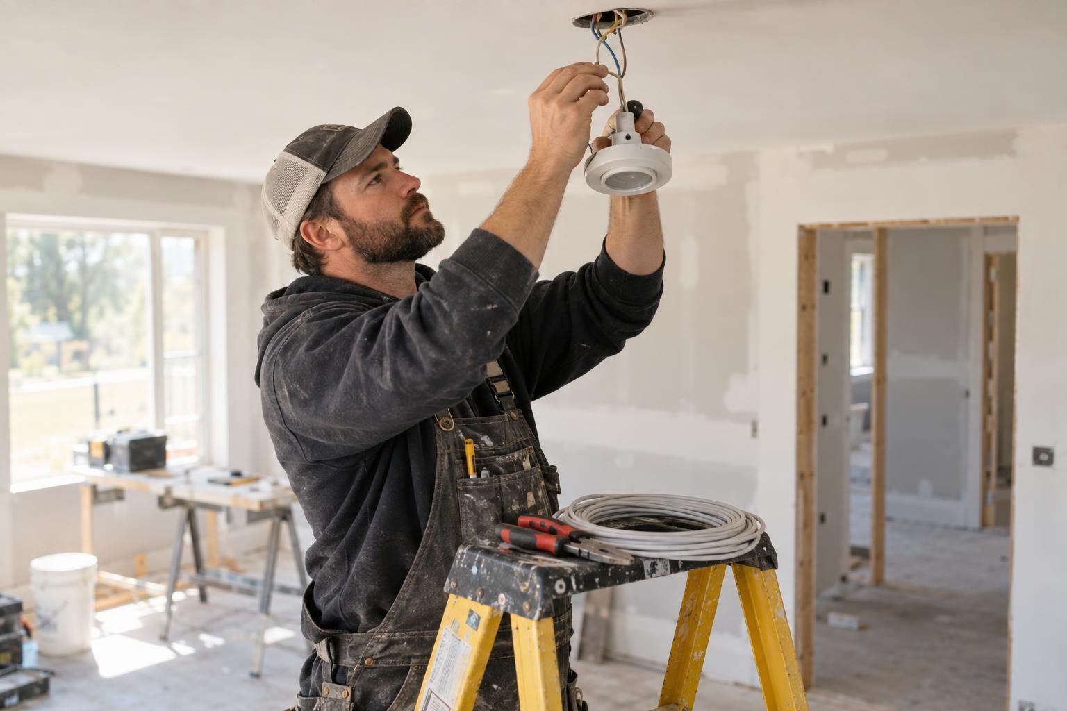 Electrician on a yellow step ladder wiring a ceiling light fitting in a half-finished room