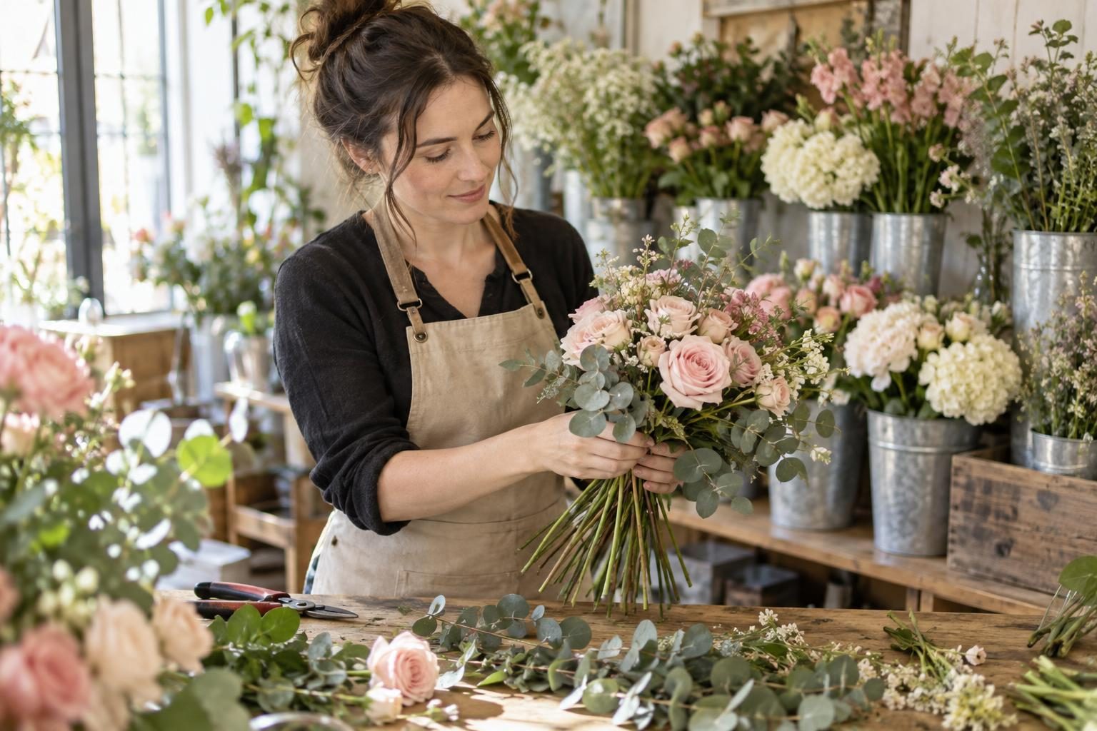 Florist in a canvas apron arranging pink roses and eucalyptus into a bouquet in a flower shop