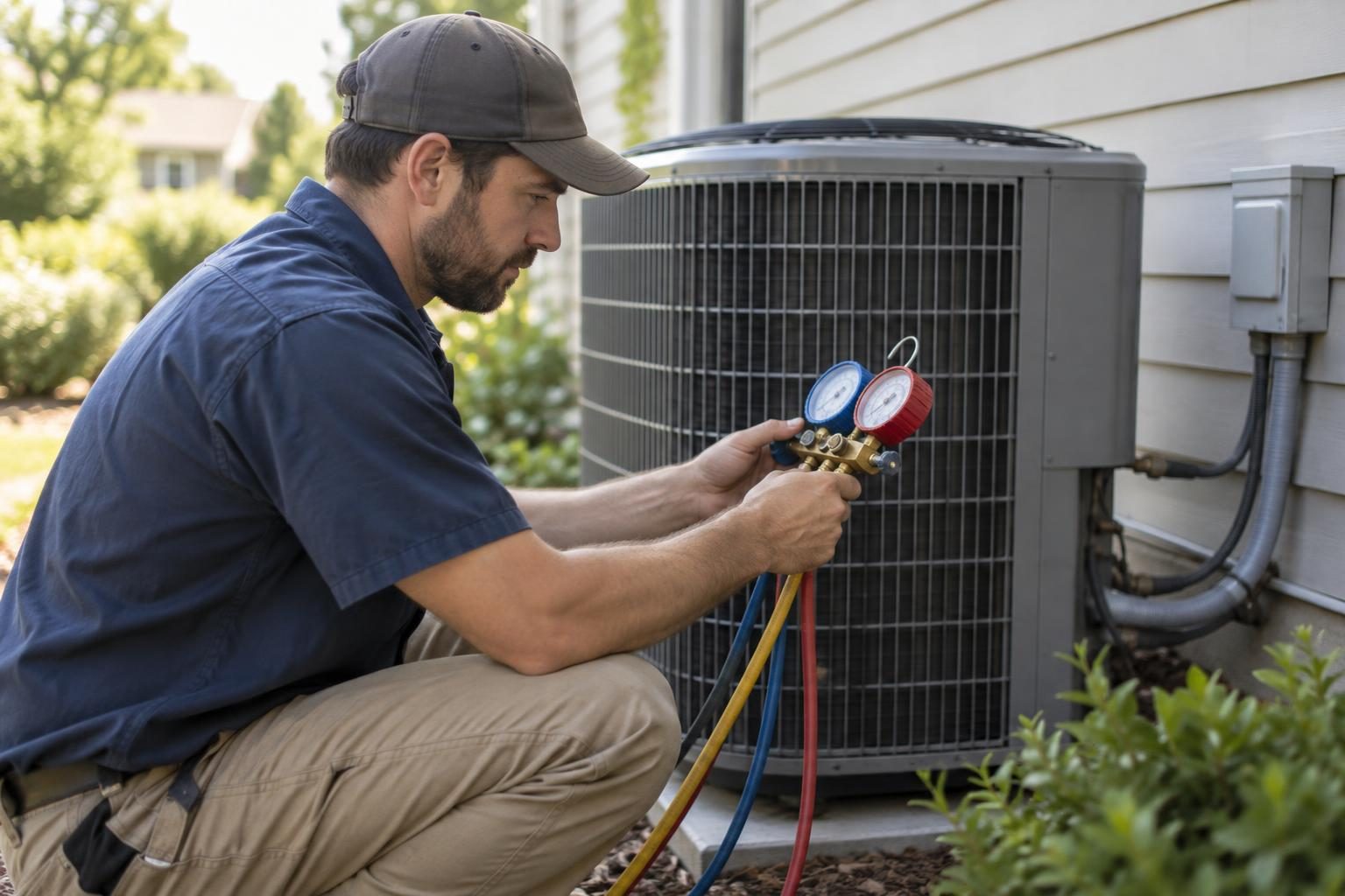 HVAC technician crouched beside an outdoor condenser unit, reading a refrigerant gauge set