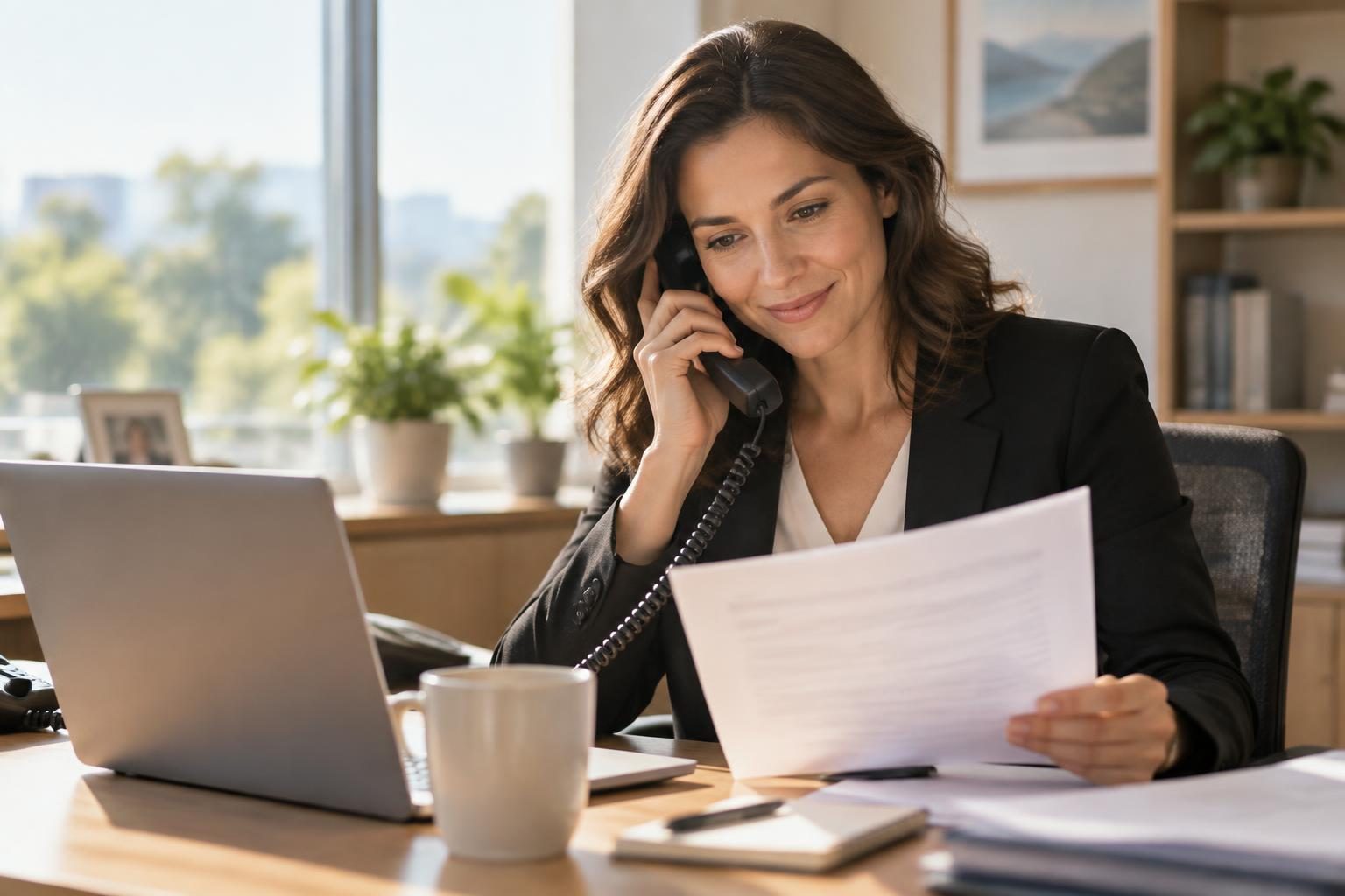 Insurance agent on a desk phone reading a policy document in a sunlit office
