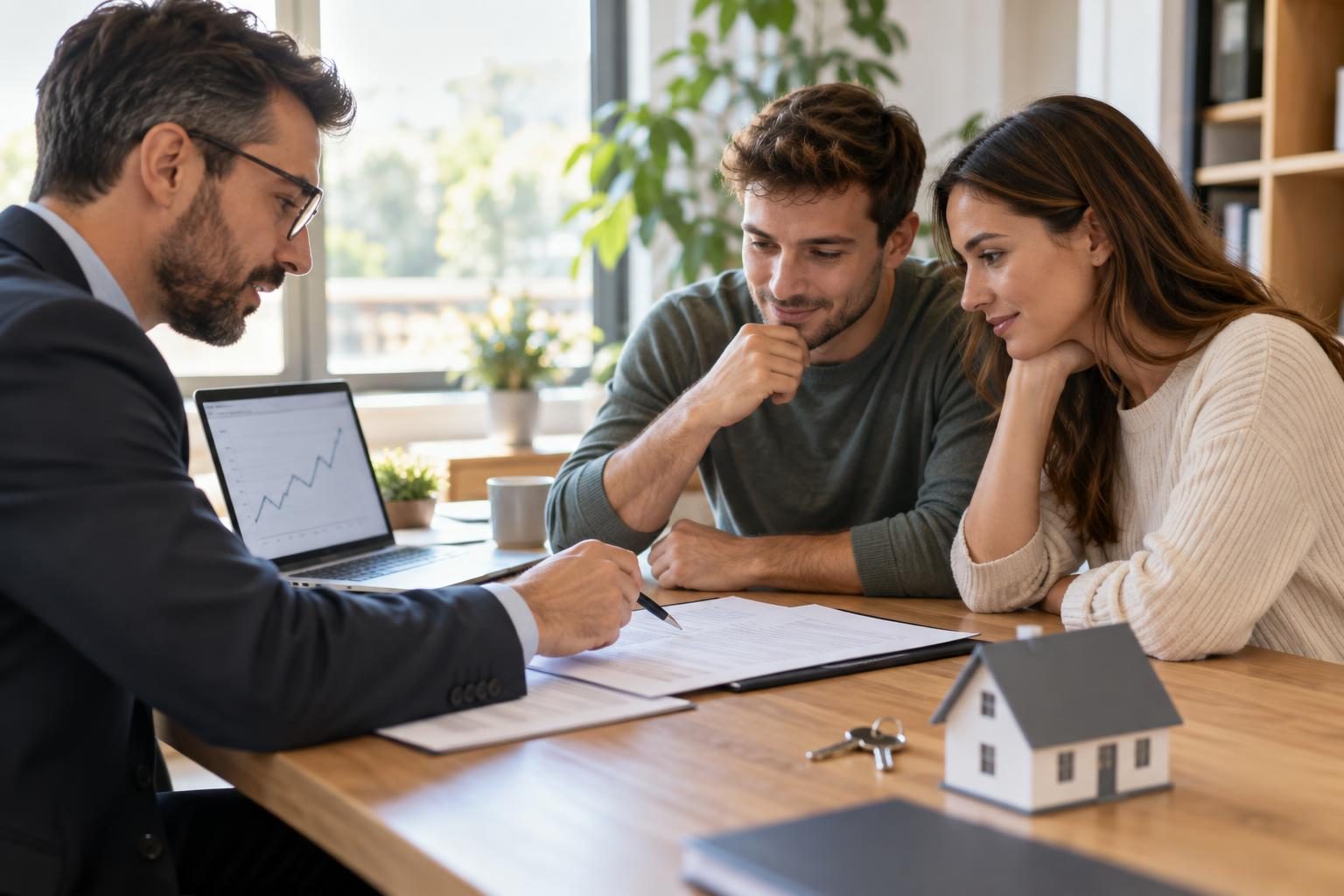 Mortgage broker going through loan paperwork with a young couple, a laptop chart and house keys on the table