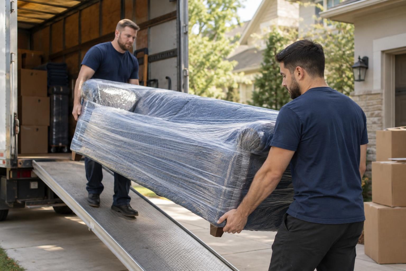 Two movers in navy t-shirts carrying a plastic-wrapped sofa down a truck ramp in a suburban driveway