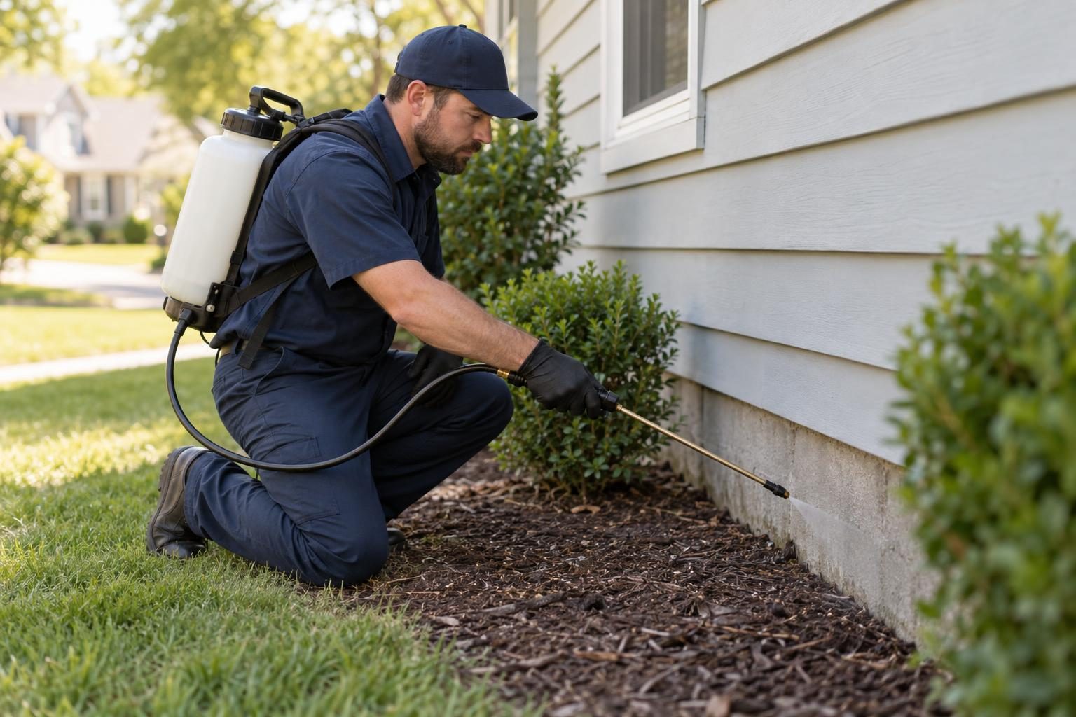 A pest control technician in a navy uniform and cap kneeling in a mulch bed, spraying along the foundation of a grey-sided house from a backpack sprayer