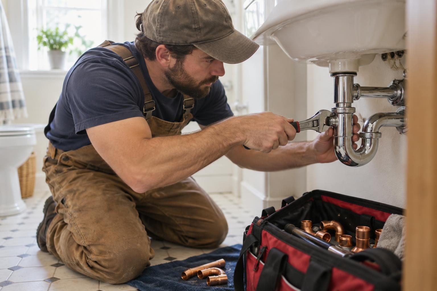 Plumber kneeling under a bathroom sink, tightening a chrome trap with an adjustable wrench