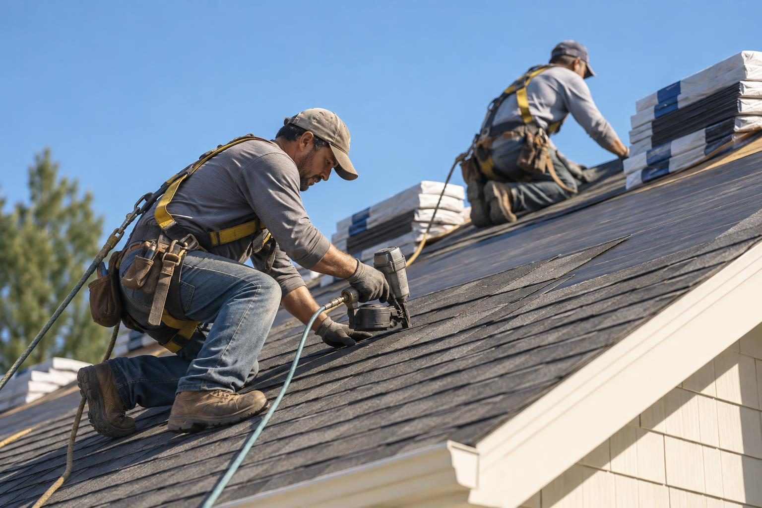 Two roofers in safety harnesses nailing asphalt shingles on a steep roof under a blue sky